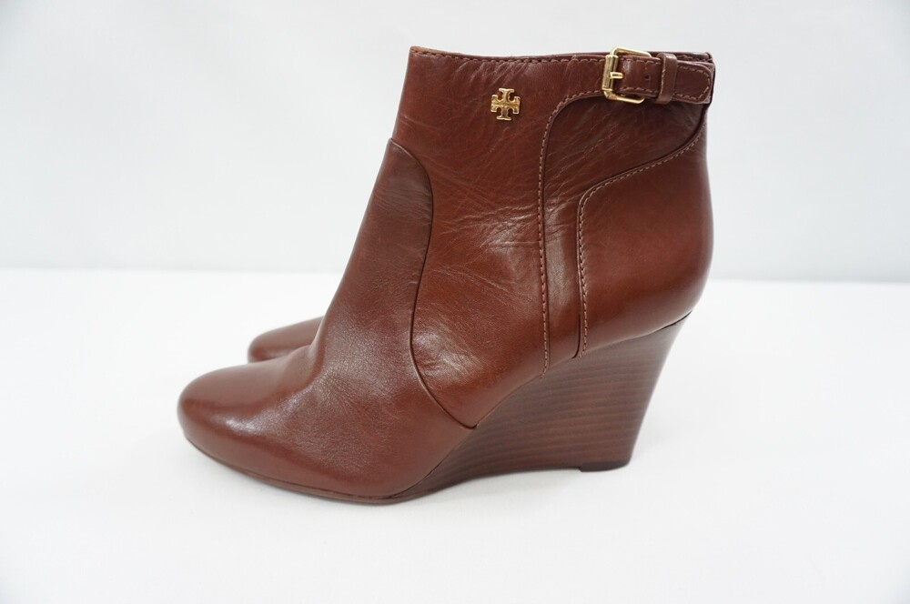 Tory Burch Used 7 Wedge Milan Boots Booties Brown/Gold Leather Side Zip Up/Heels